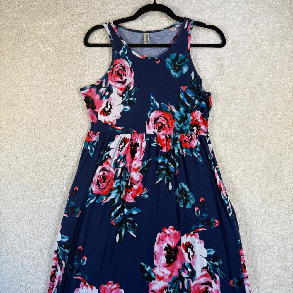 Women's Navy Blue Floral Maxi Dress‎ Sleeveless Round Neck Summer Beach Boho